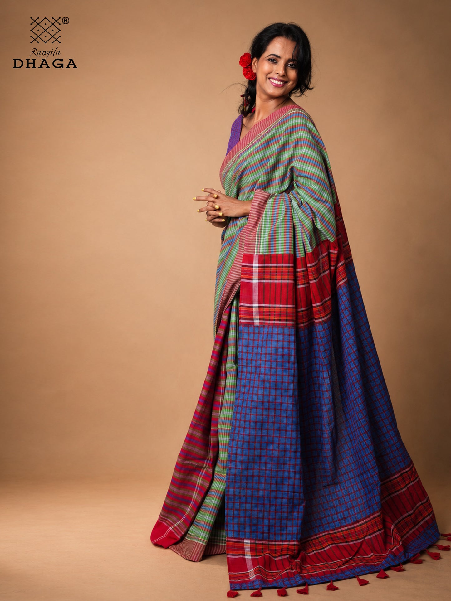 Handloom Gamcha Patchwork Saree – Multicolour Green, Red & Blue with Decorative Tassel Pallu Rangila Dhaga GS151