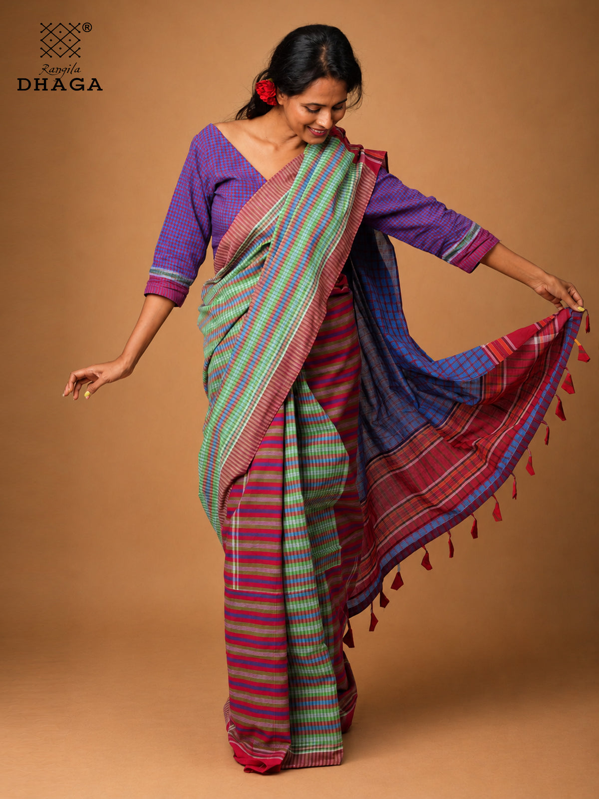 Handloom Gamcha Patchwork Saree – Multicolour Green, Red & Blue with Decorative Tassel Pallu Rangila Dhaga GS151