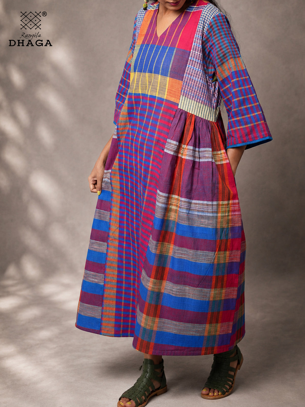 Handloom Gamcha Yoke Gathered Dress with Pockets |Rangila Dhaga GD56
