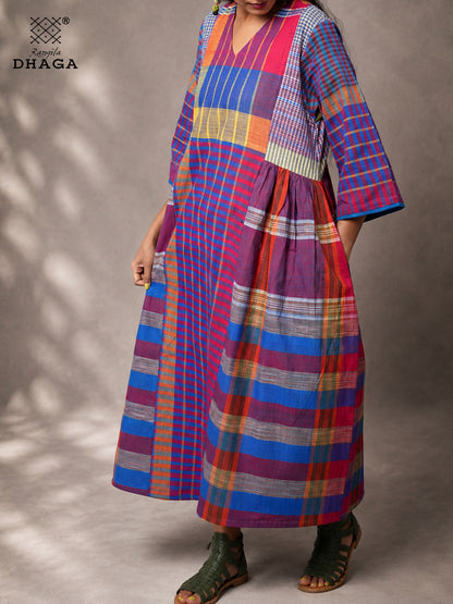 Handloom Gamcha Yoke Gathered Dress with Pockets |Rangila Dhaga GD56