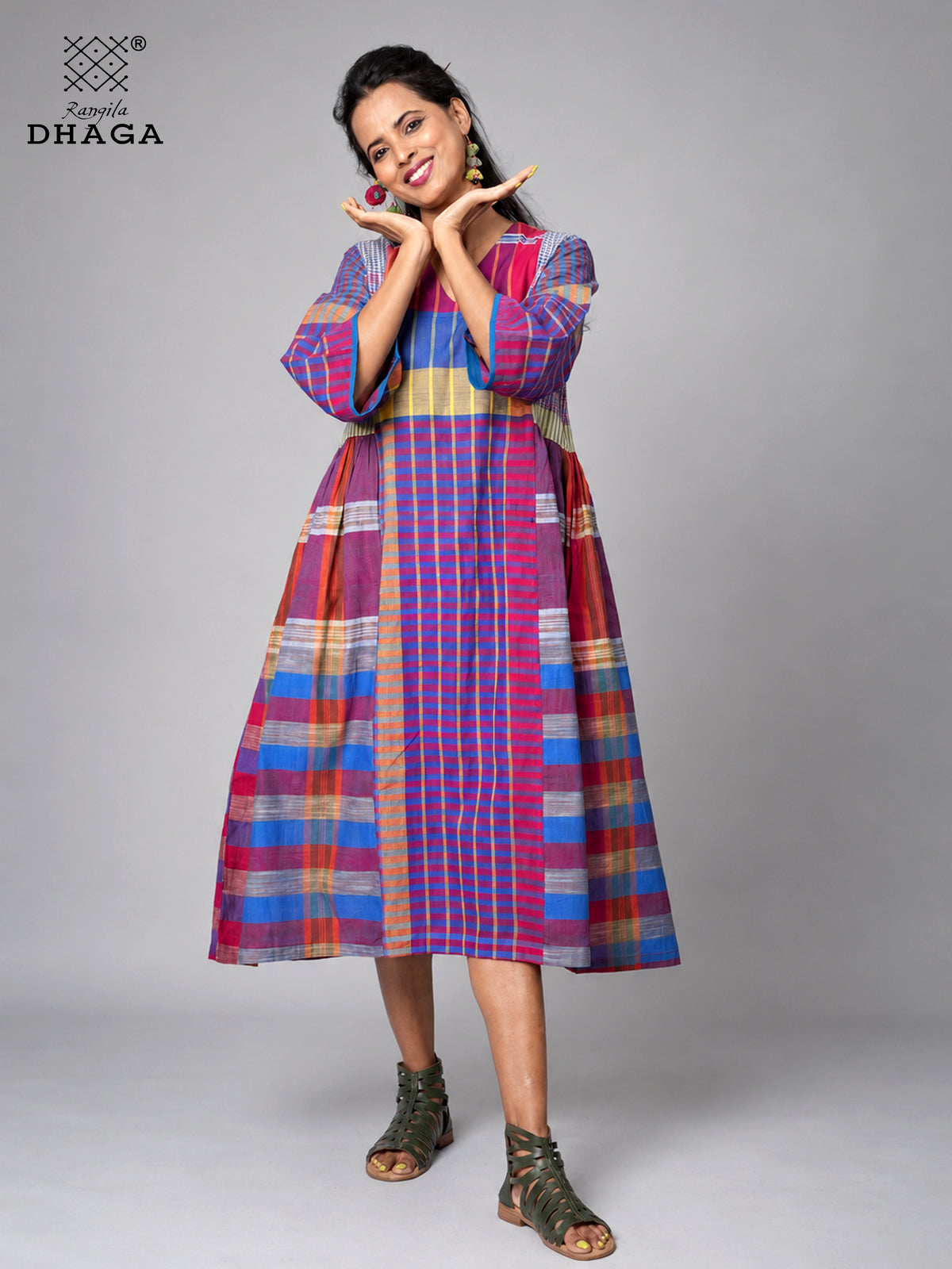 Handloom Gamcha Yoke Gathered Dress with Pockets |Rangila Dhaga GD56