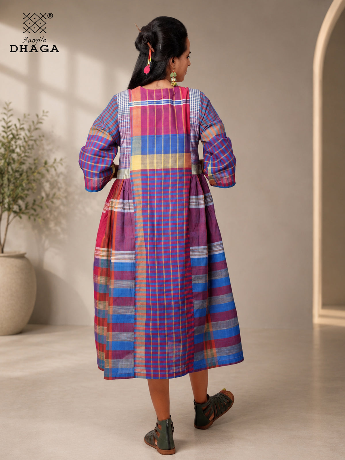 Handloom Gamcha Yoke Gathered Dress with Pockets |Rangila Dhaga GD56