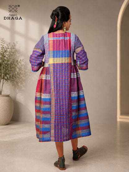 Handloom Gamcha Yoke Gathered Dress with Pockets |Rangila Dhaga GD56