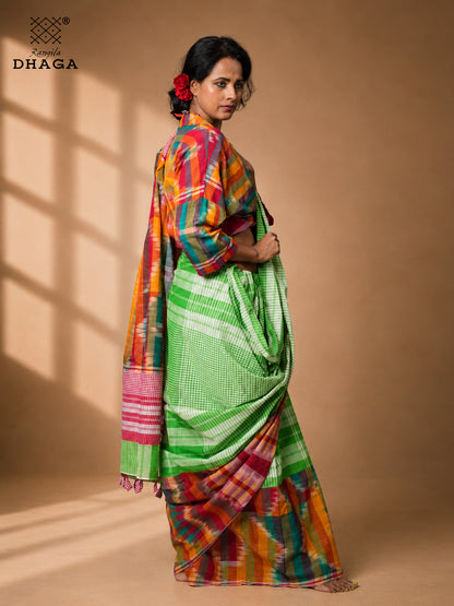 Handloom Kotki & Checked Gamcha Patchwork Saree – Multicolour with Decorative Tassel Pallu GS157