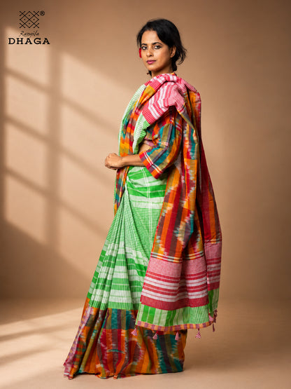 Handloom Kotki & Checked Gamcha Patchwork Saree – Multicolour with Decorative Tassel Pallu GS157