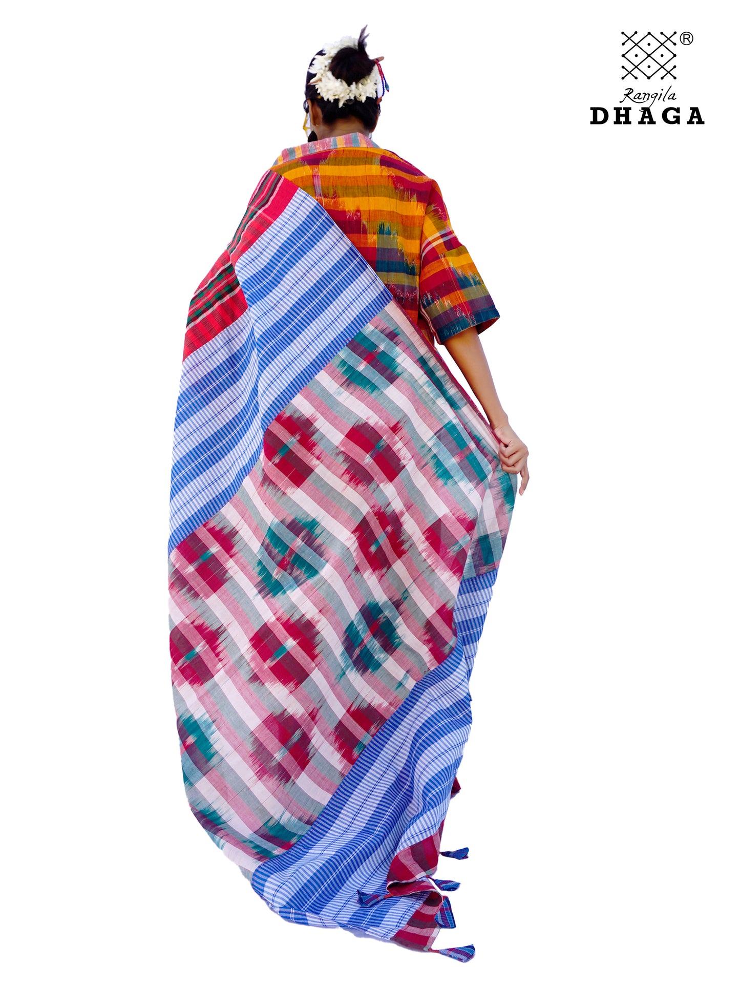 Saree Gamcha Fashion Handloom Cotton Fabric Red-Green and Blue Multi Color GS105