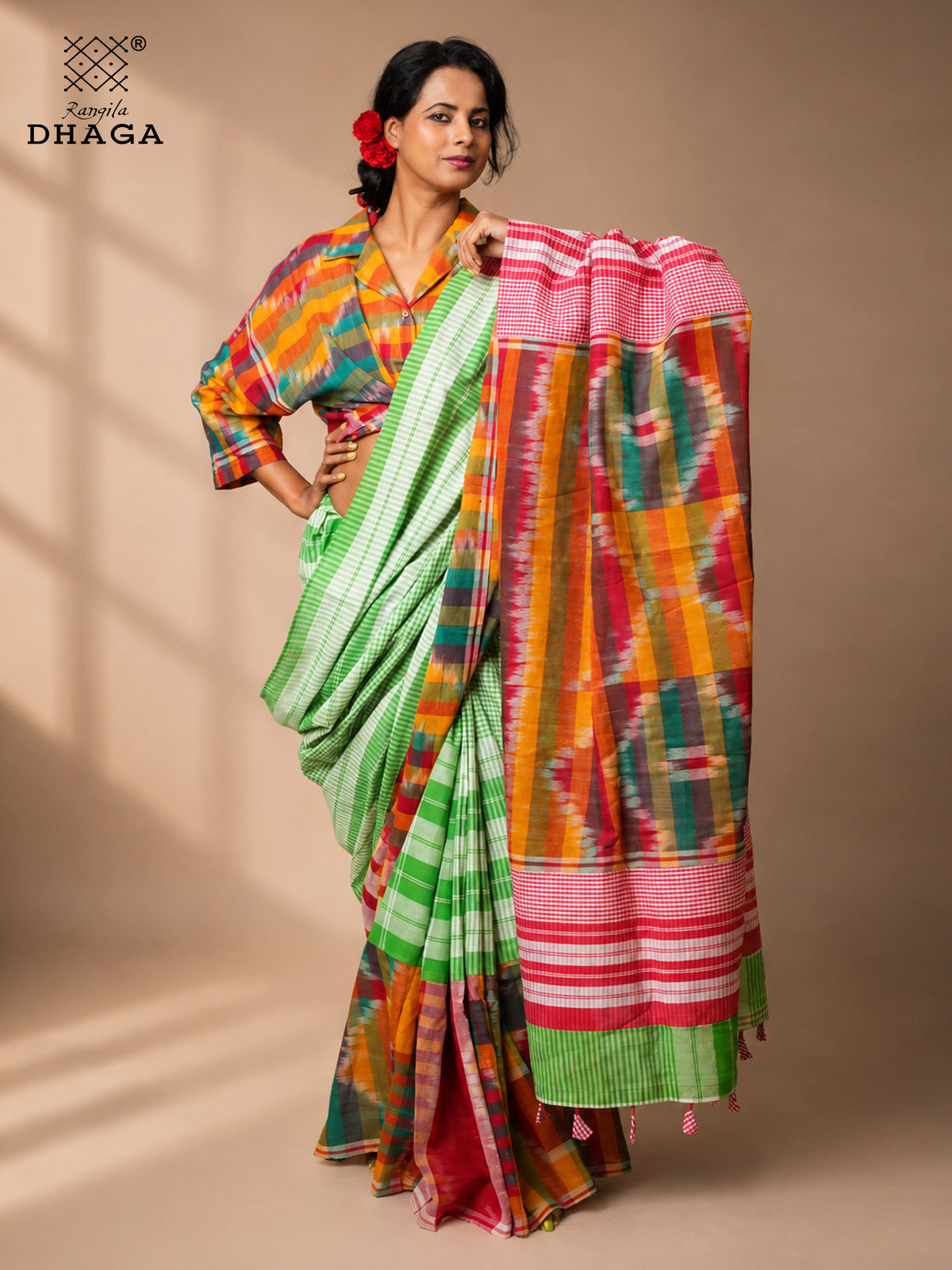Handloom Kotki & Checked Gamcha Patchwork Saree – Multicolour with Decorative Tassel Pallu GS157