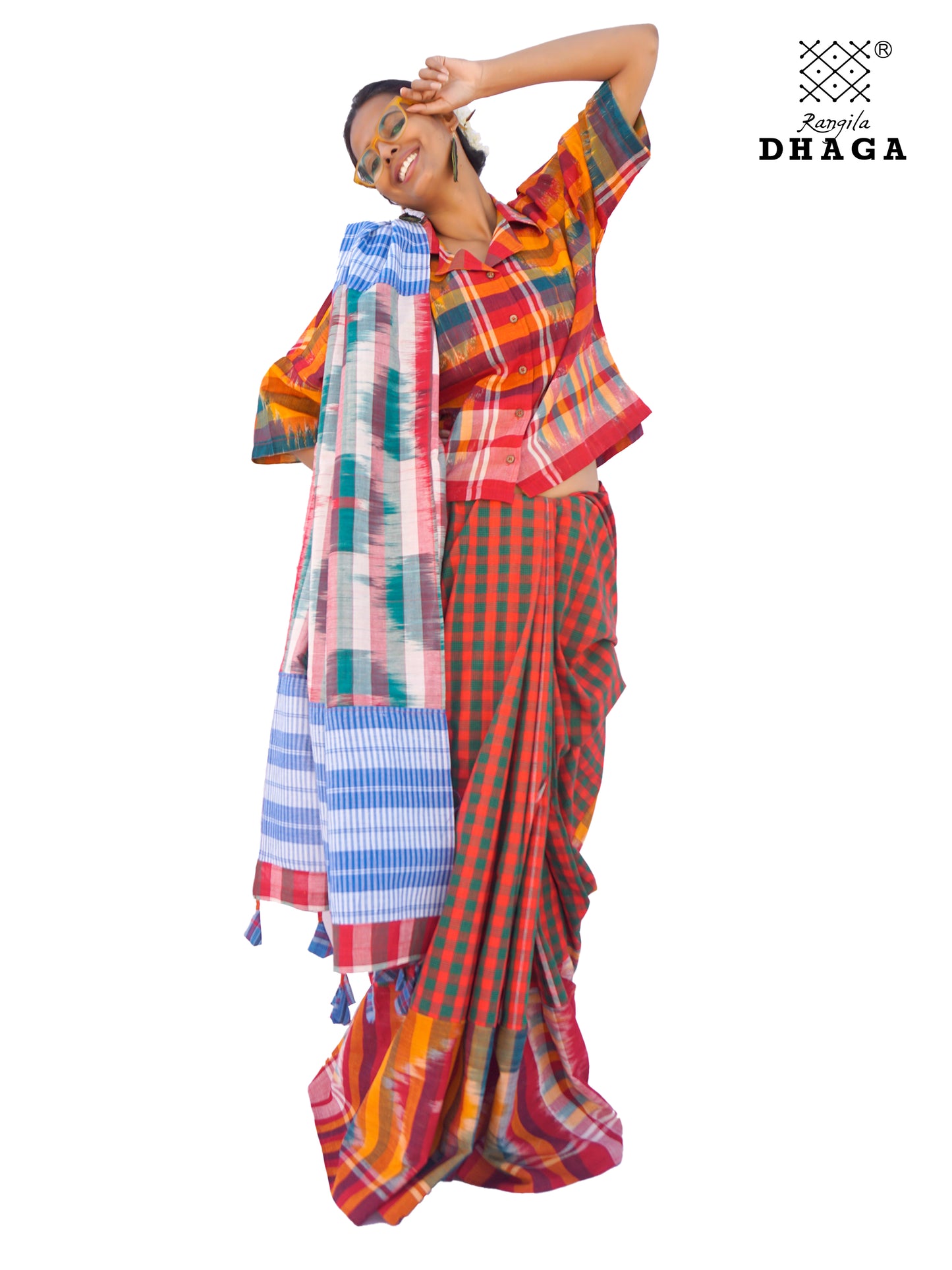 Saree Gamcha Fashion Handloom Cotton Fabric Red-Green and Blue Multi Color GS105