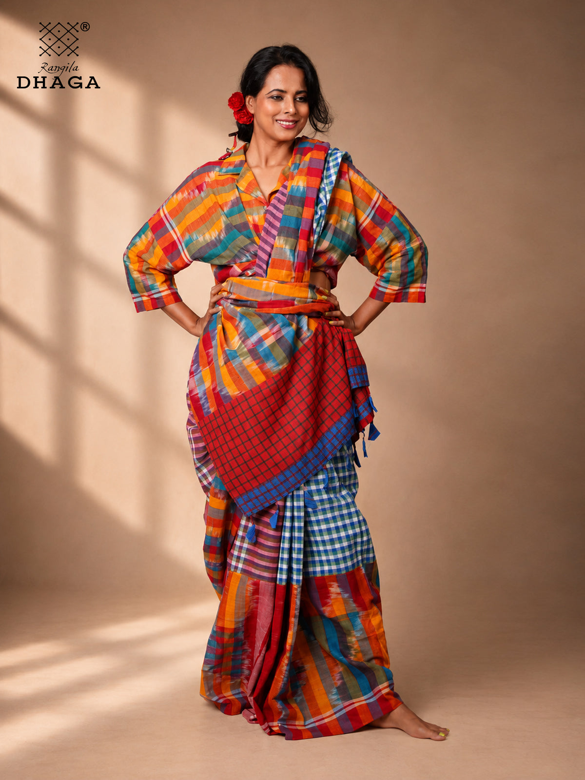 Handloom Kotki & Checked Gamcha Patchwork Saree – Multicolour with Decorative Tassel Pallu GS156