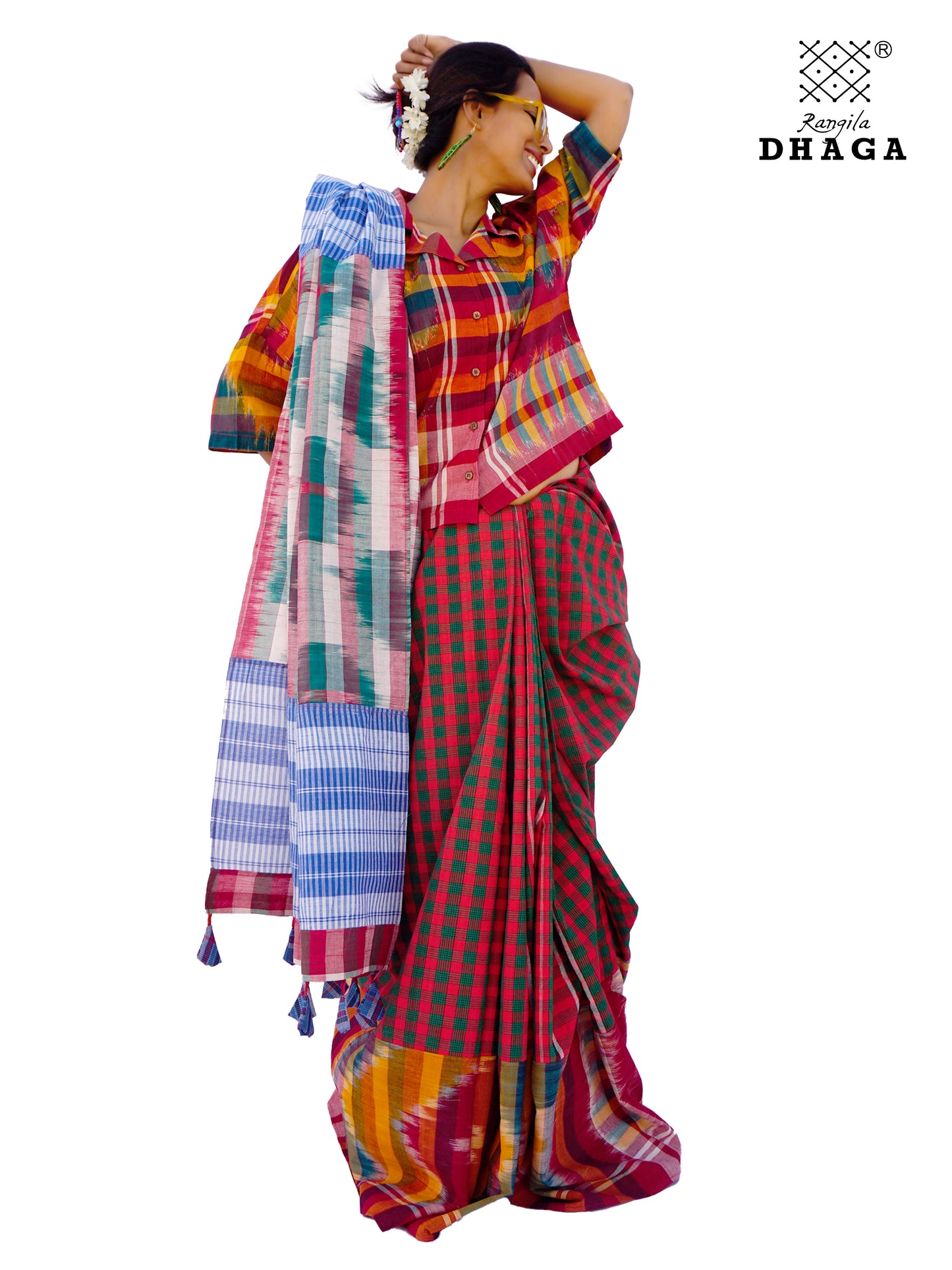 Saree Gamcha Fashion Handloom Cotton Fabric Red-Green and Blue Multi Color GS105