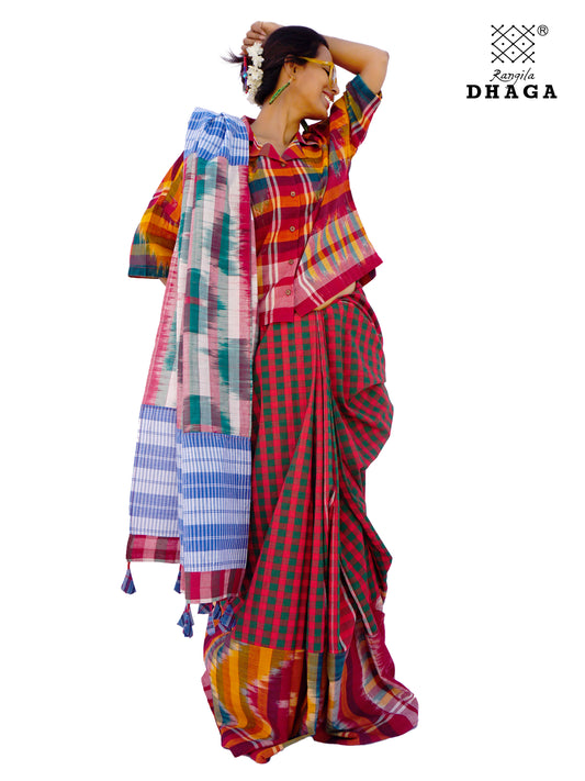 Saree Gamcha Fashion Handloom Cotton Fabric Red-Green and Blue Multi Color GS105