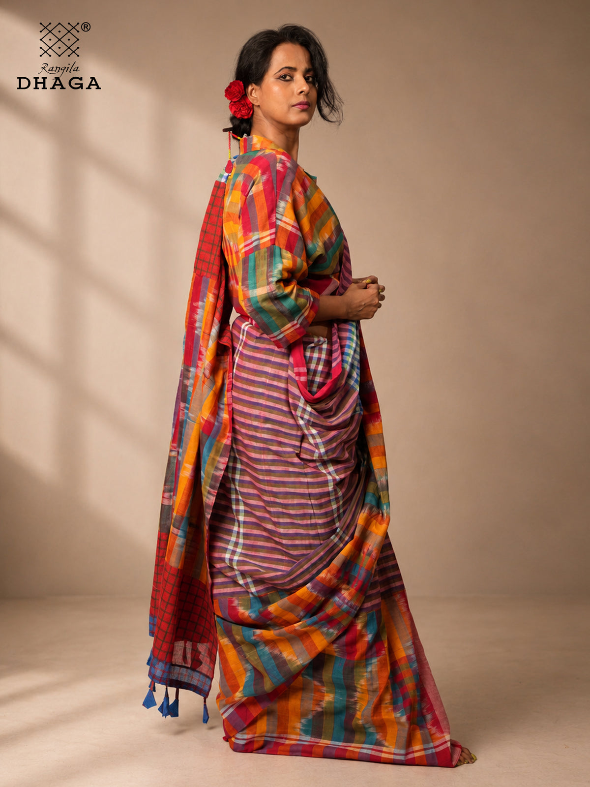 Handloom Kotki & Checked Gamcha Patchwork Saree – Multicolour with Decorative Tassel Pallu GS156