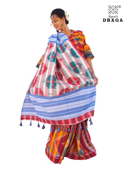 Saree Gamcha Fashion Handloom Cotton Fabric Red-Green and Blue Multi Color GS105