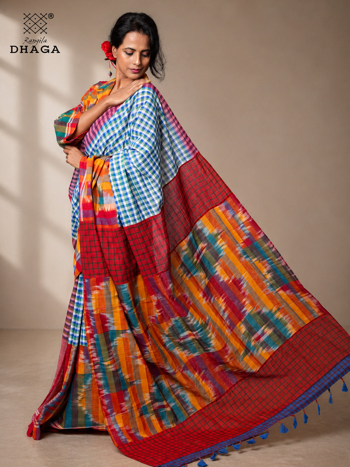 Handloom Kotki & Checked Gamcha Patchwork Saree – Multicolour with Decorative Tassel Pallu GS156