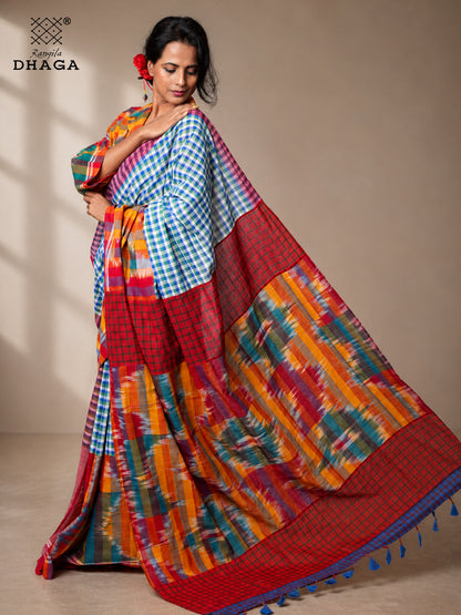 Handloom Kotki & Checked Gamcha Patchwork Saree – Multicolour with Decorative Tassel Pallu GS156