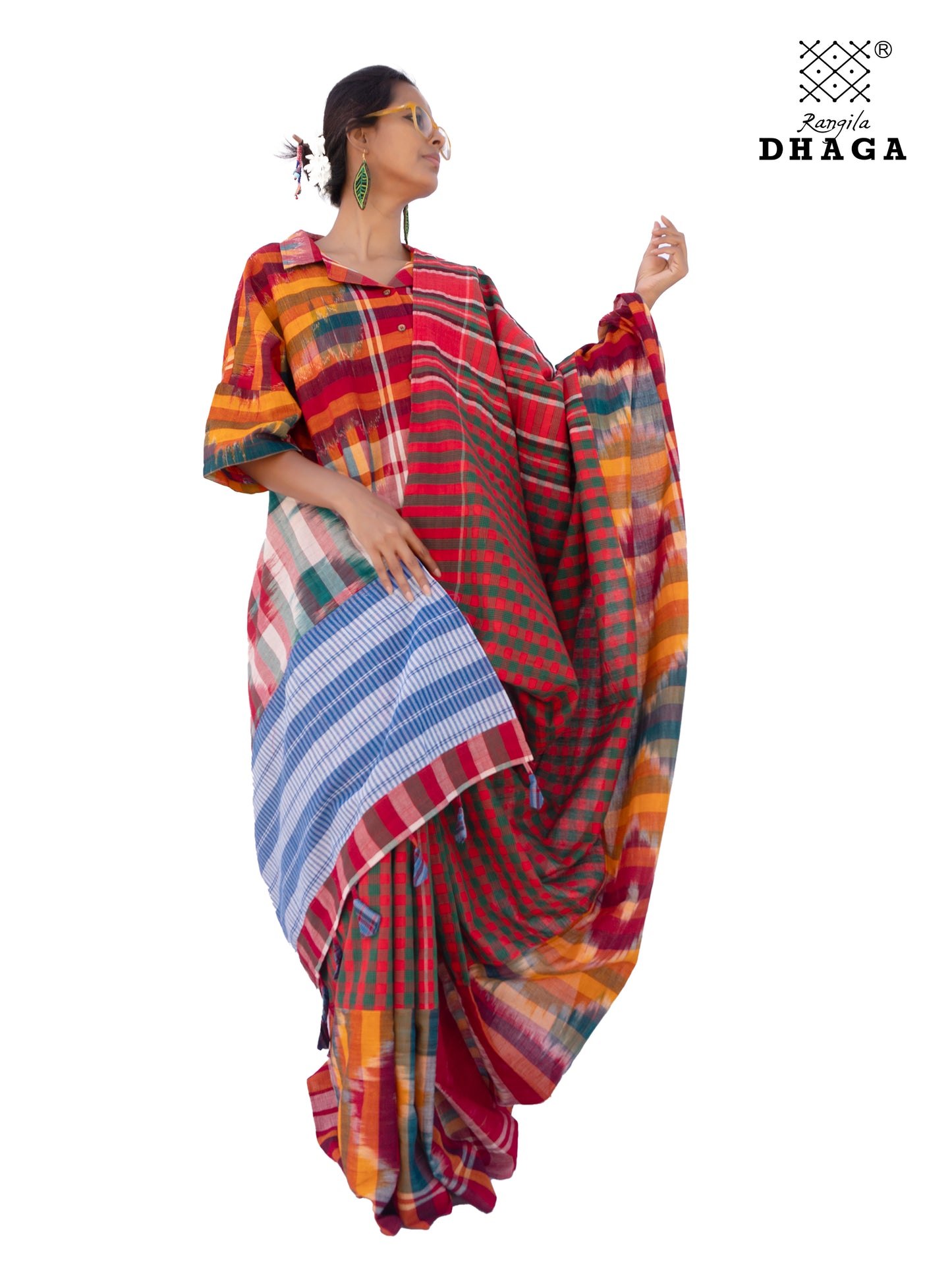 Saree Gamcha Fashion Handloom Cotton Fabric Red-Green and Blue Multi Color GS105