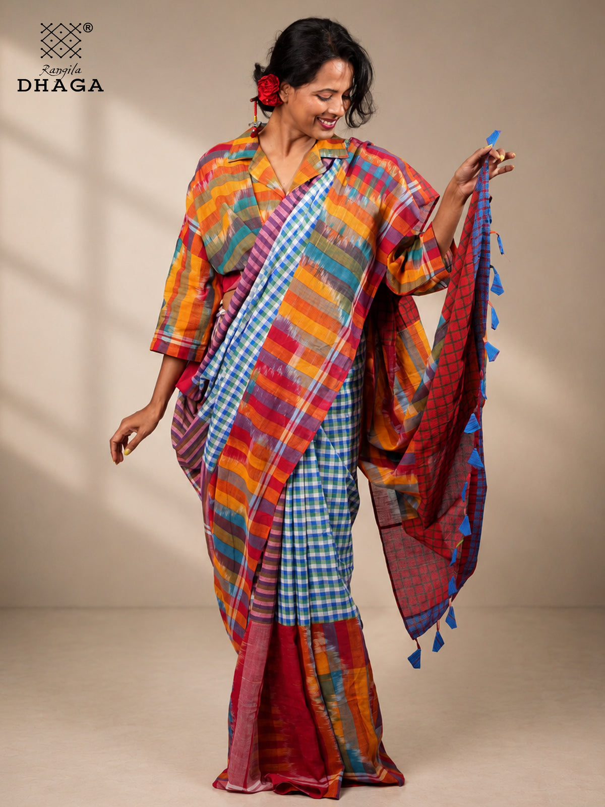 Handloom Kotki & Checked Gamcha Patchwork Saree – Multicolour with Decorative Tassel Pallu GS156