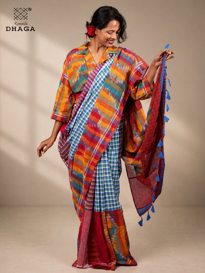 Handloom Kotki & Checked Gamcha Patchwork Saree – Multicolour with Decorative Tassel Pallu GS156