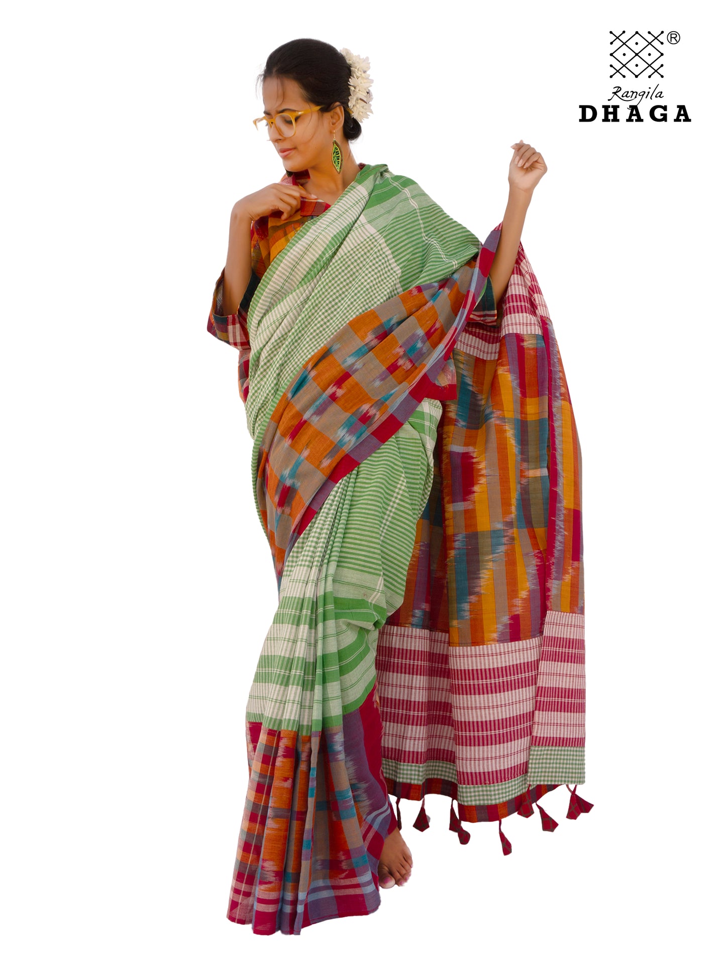 Saree Gamcha Fashion Handloom Cotton Fabric Red, Parrot-Green Multi Color GS102