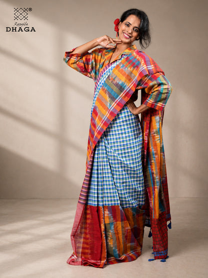 Handloom Kotki & Checked Gamcha Patchwork Saree – Multicolour with Decorative Tassel Pallu GS156