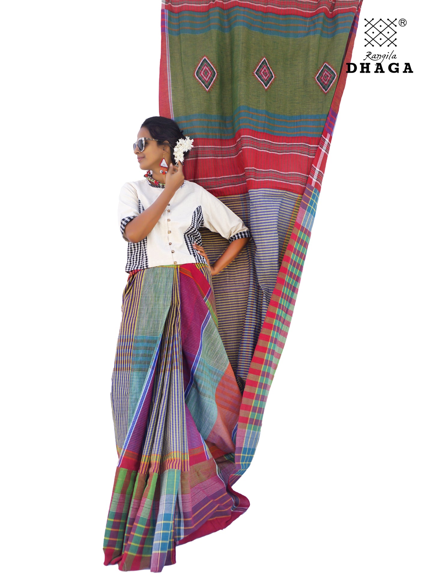 Hand Embroidered Saree Gamcha Fashion Handloom Cotton Fabric  Multicolor GS100