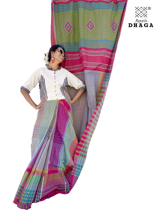 Hand Embroidered Saree Gamcha Fashion Handloom Cotton Fabric  Multicolor GS100
