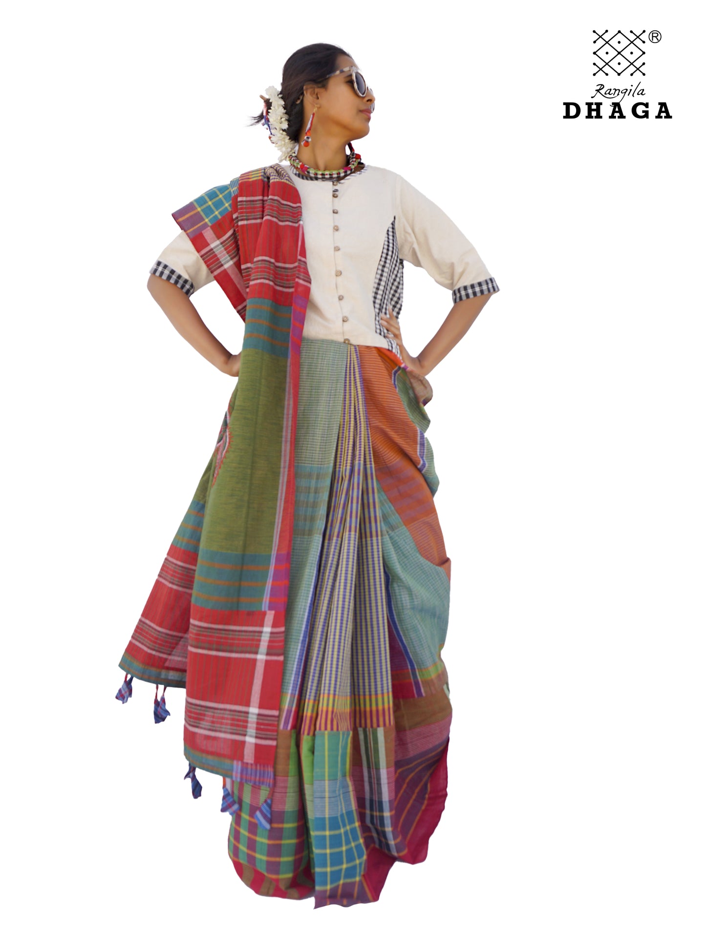 Hand Embroidered Saree Gamcha Fashion Handloom Cotton Fabric  Multicolor GS100