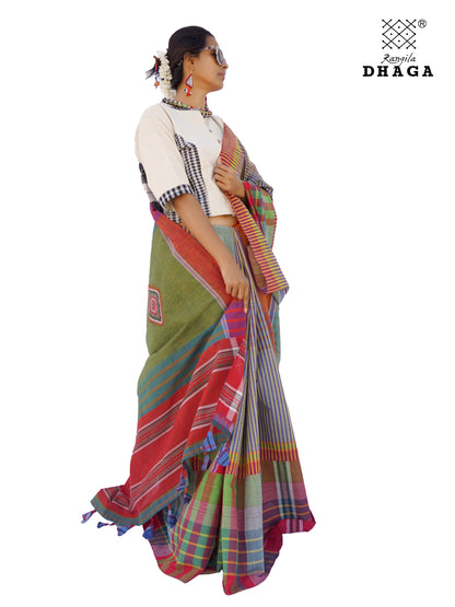 Hand Embroidered Saree Gamcha Fashion Handloom Cotton Fabric  Multicolor GS100