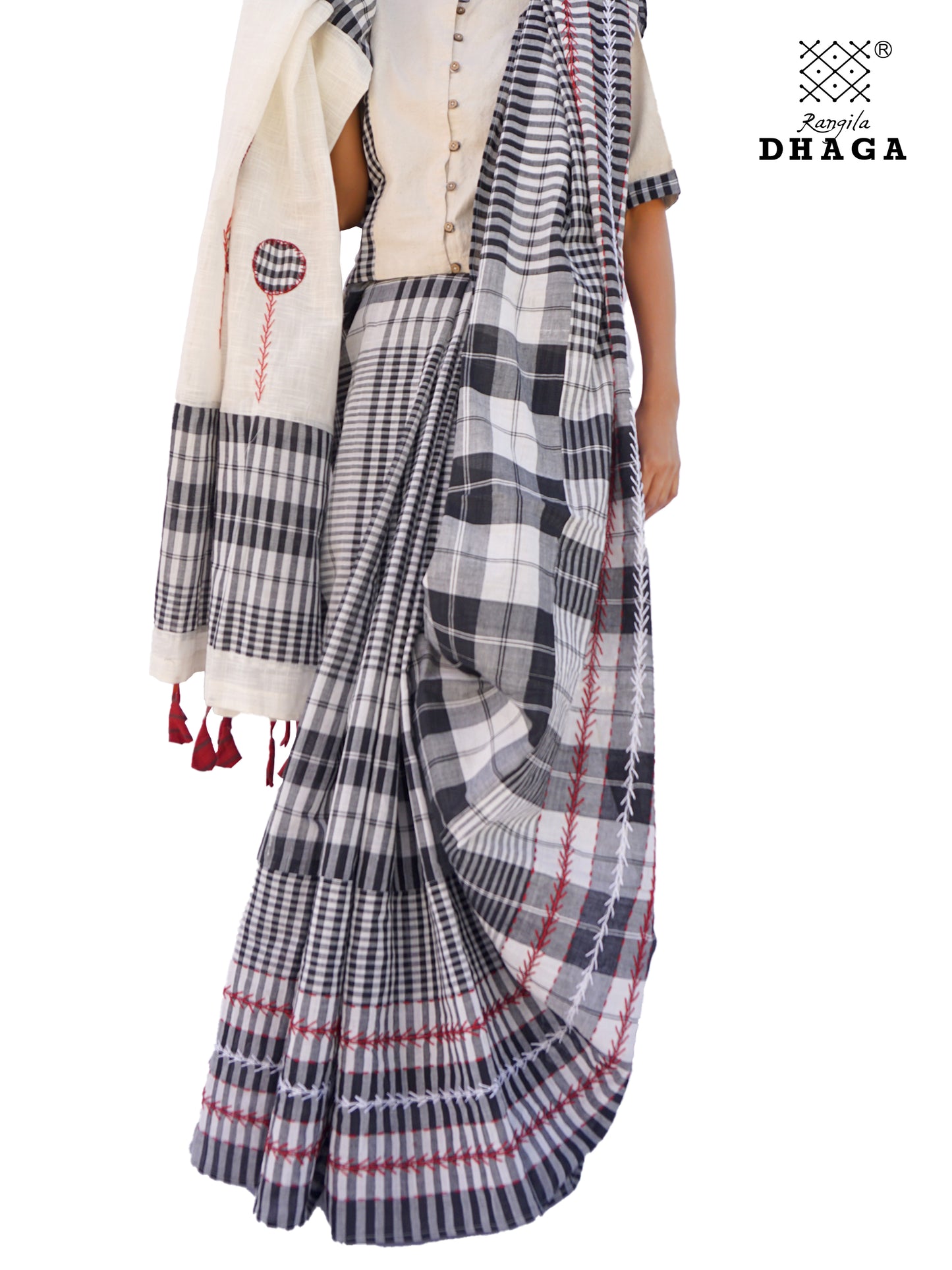 Hand Embroidered Saree Gamcha Fashion Handloom Cotton Fabric  Black & White GS001