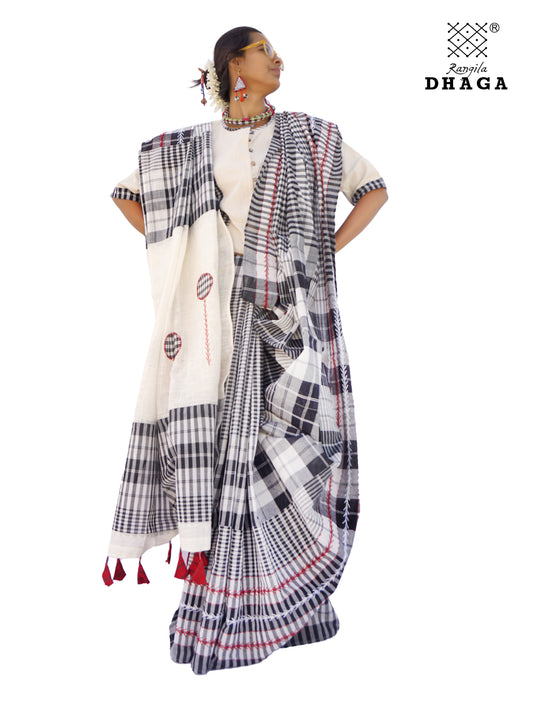 Hand Embroidered Saree Gamcha Fashion Handloom Cotton Fabric  Black & White GS001
