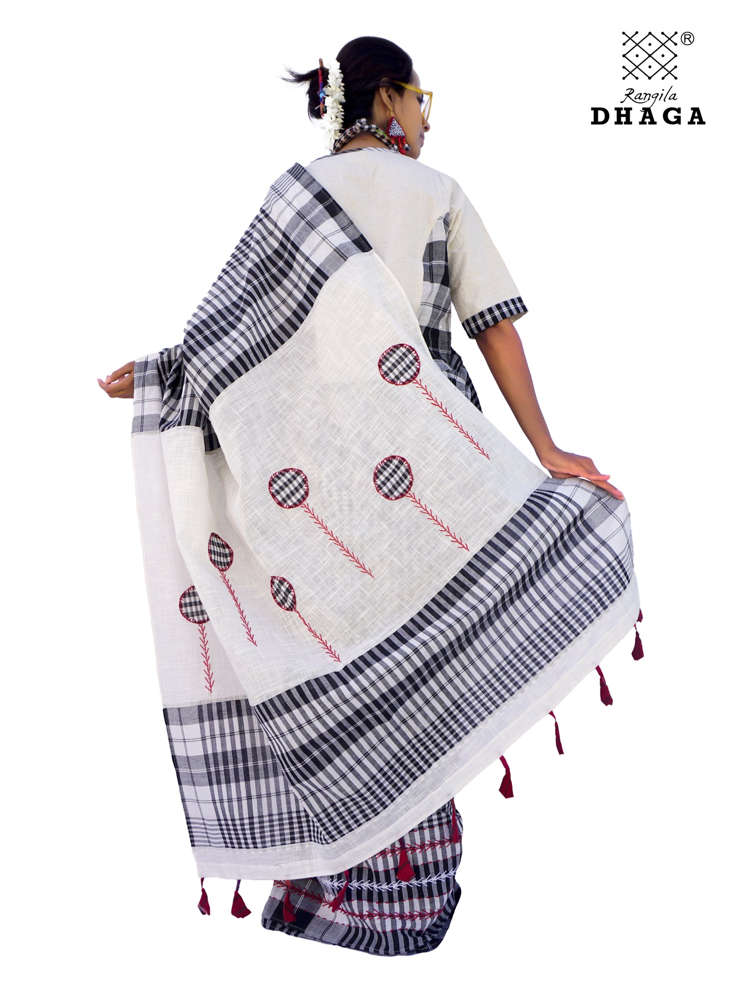Hand Embroidered Saree Gamcha Fashion Handloom Cotton Fabric  Black & White GS001