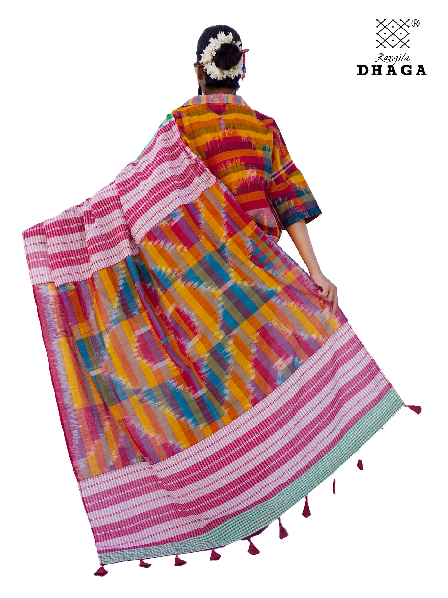 Saree Gamcha Fashion Handloom Cotton Fabric Red, Parrot-Green Multi Color GS102
