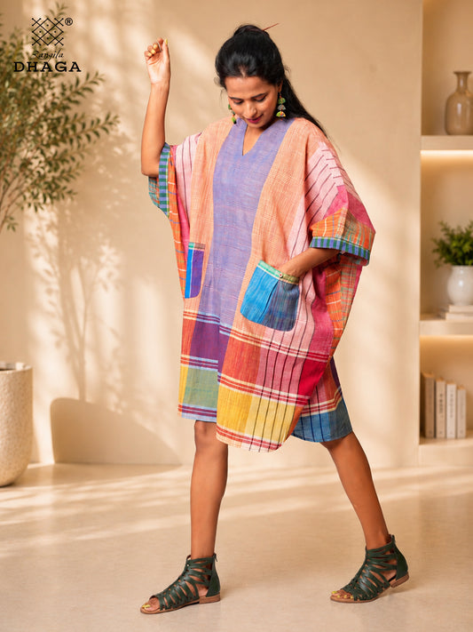 Handloom Gamcha Zero-Waste Baggy Kaftan Dress | Free Size Artisan Cotton Dress with Pockets K22