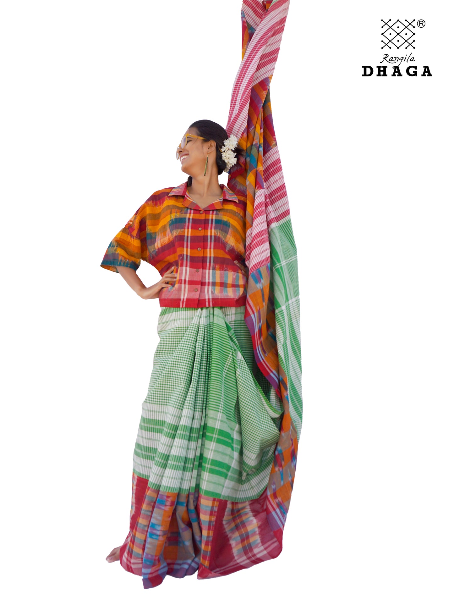 Saree Gamcha Fashion Handloom Cotton Fabric Red, Parrot-Green Multi Color GS102