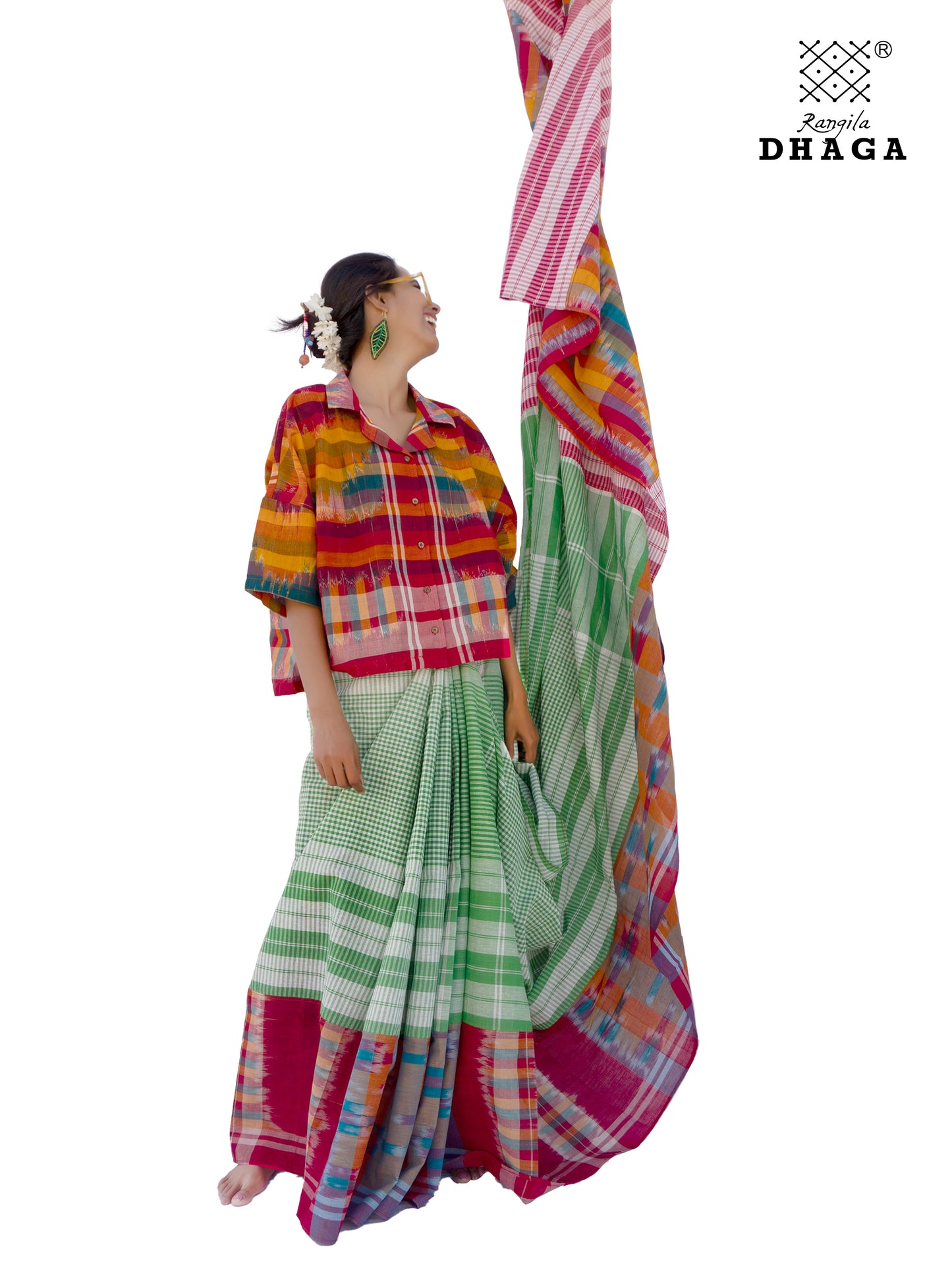 Saree Gamcha Fashion Handloom Cotton Fabric Red, Parrot-Green Multi Color GS102