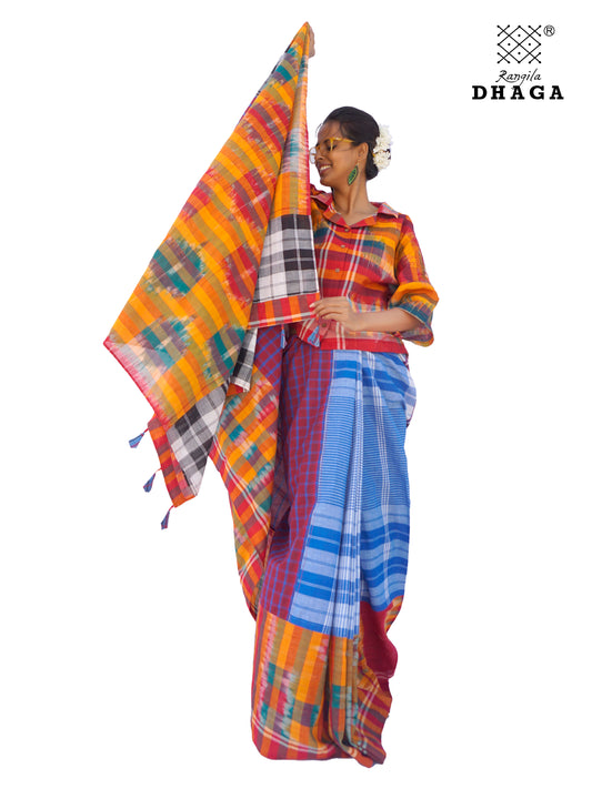 Saree Gamcha Fashion Handloom Cotton Fabric Red-Yellow and Marun Multi Color GS104
