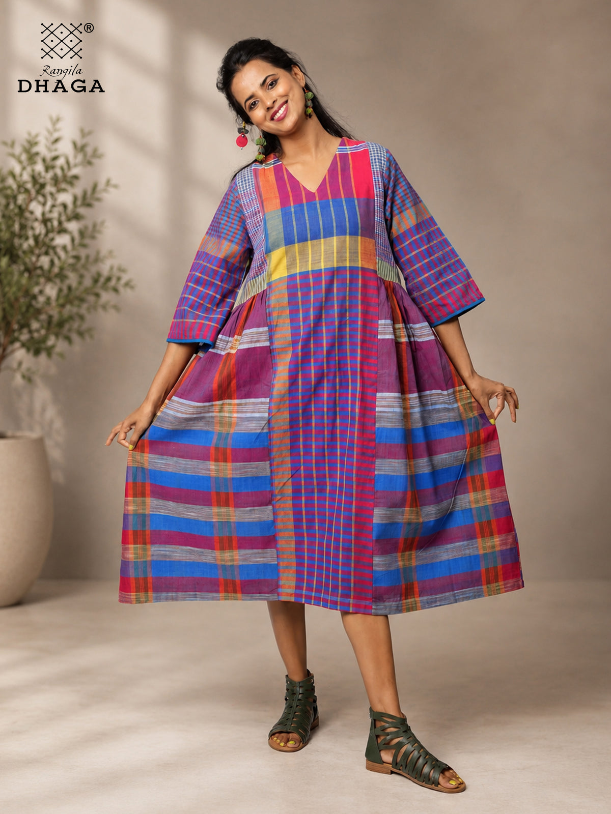 Handloom Gamcha Yoke Gathered Dress with Pockets |Rangila Dhaga GD56