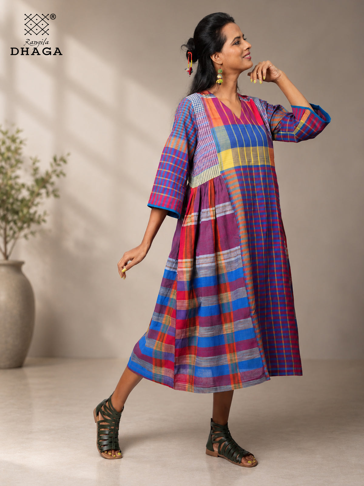 Handloom Gamcha Yoke Gathered Dress with Pockets |Rangila Dhaga GD56