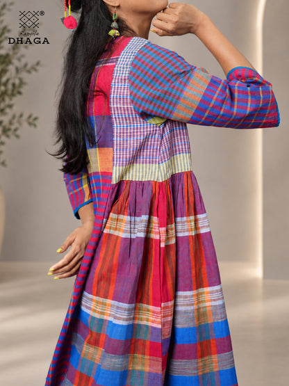 Handloom Gamcha Yoke Gathered Dress with Pockets |Rangila Dhaga GD56
